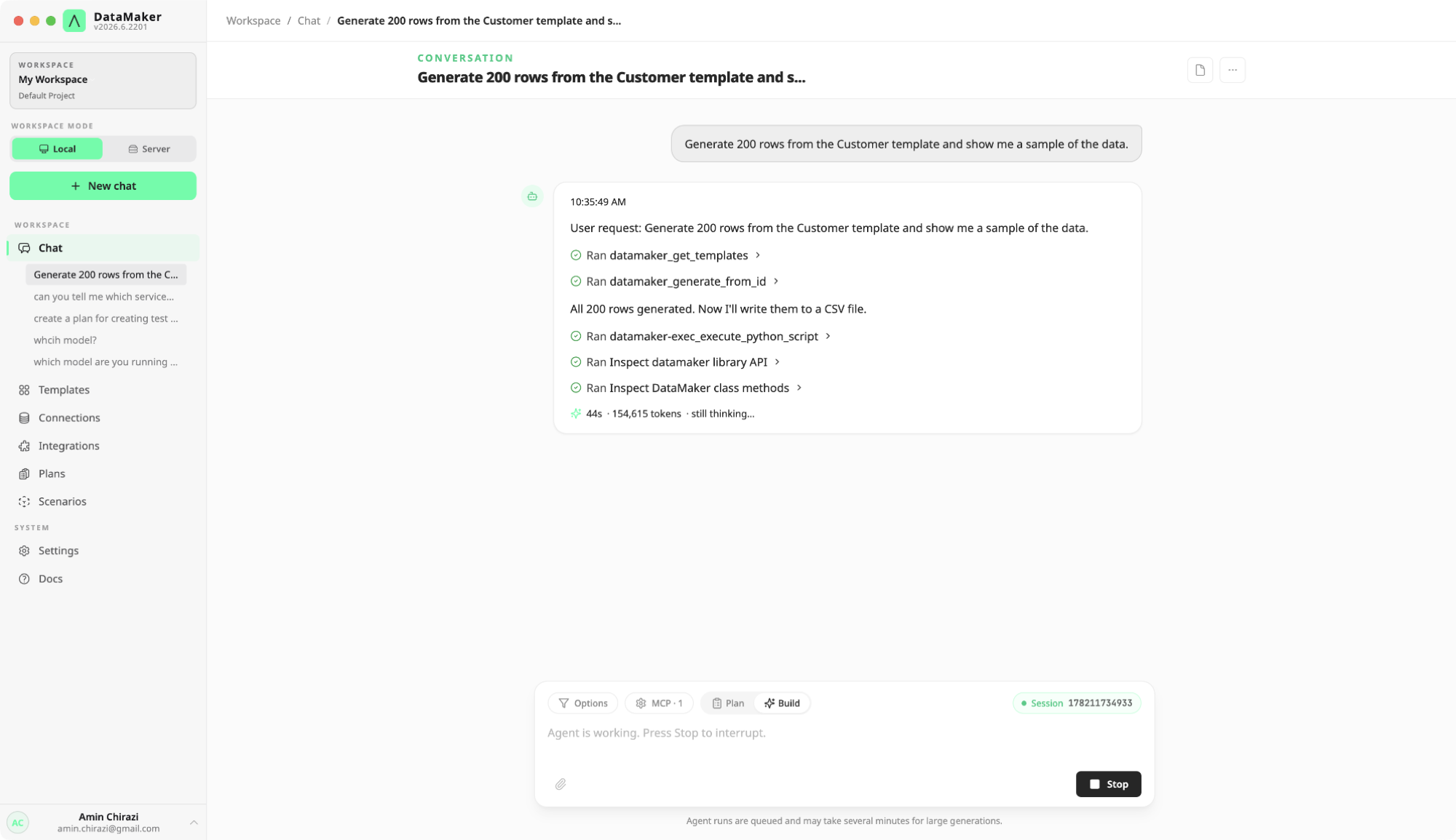 An agent run mid-transcript: narration lines interleaved with collapsible tool-call rows