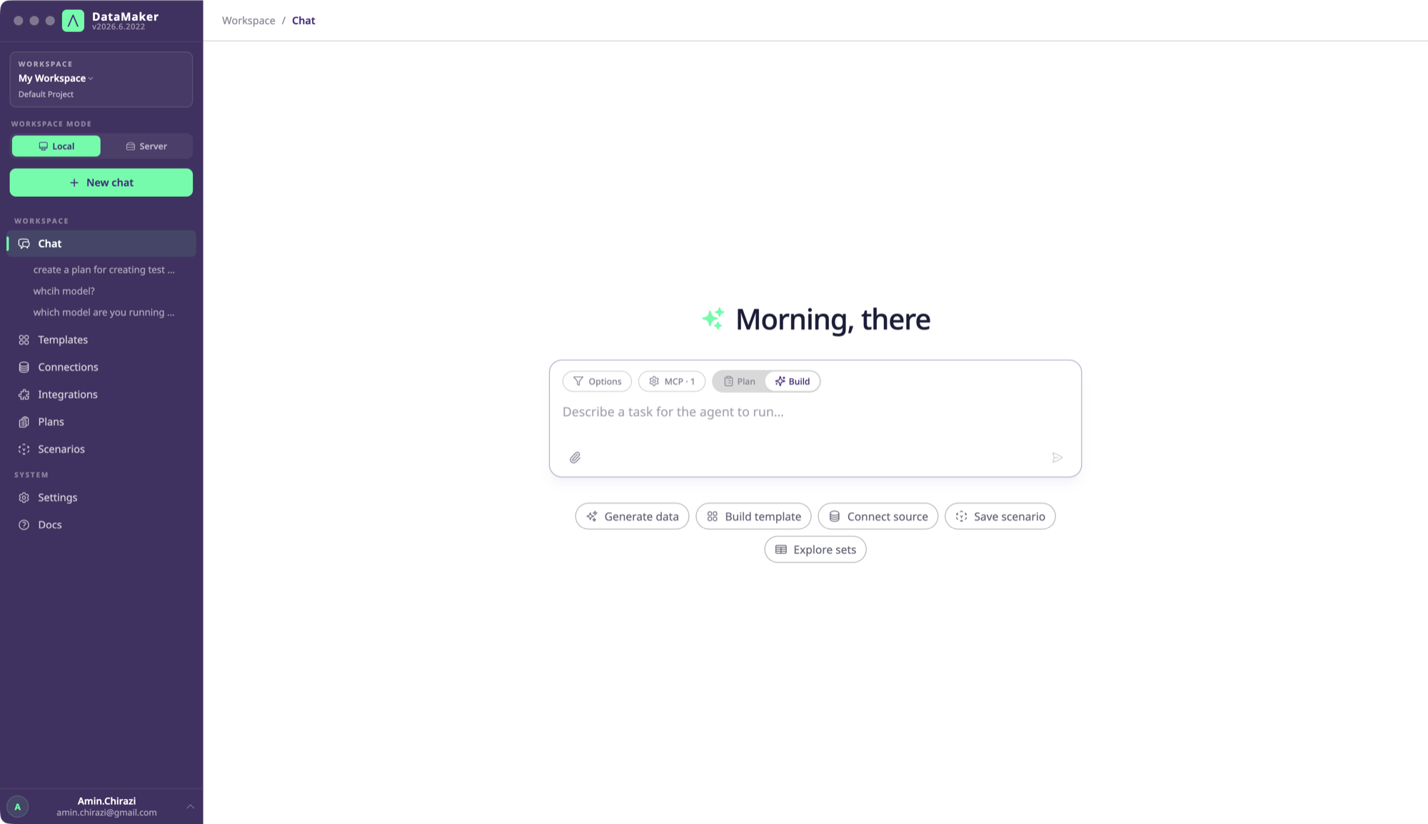 The DataMaker chat landing, with greeting, composer, and quick actions