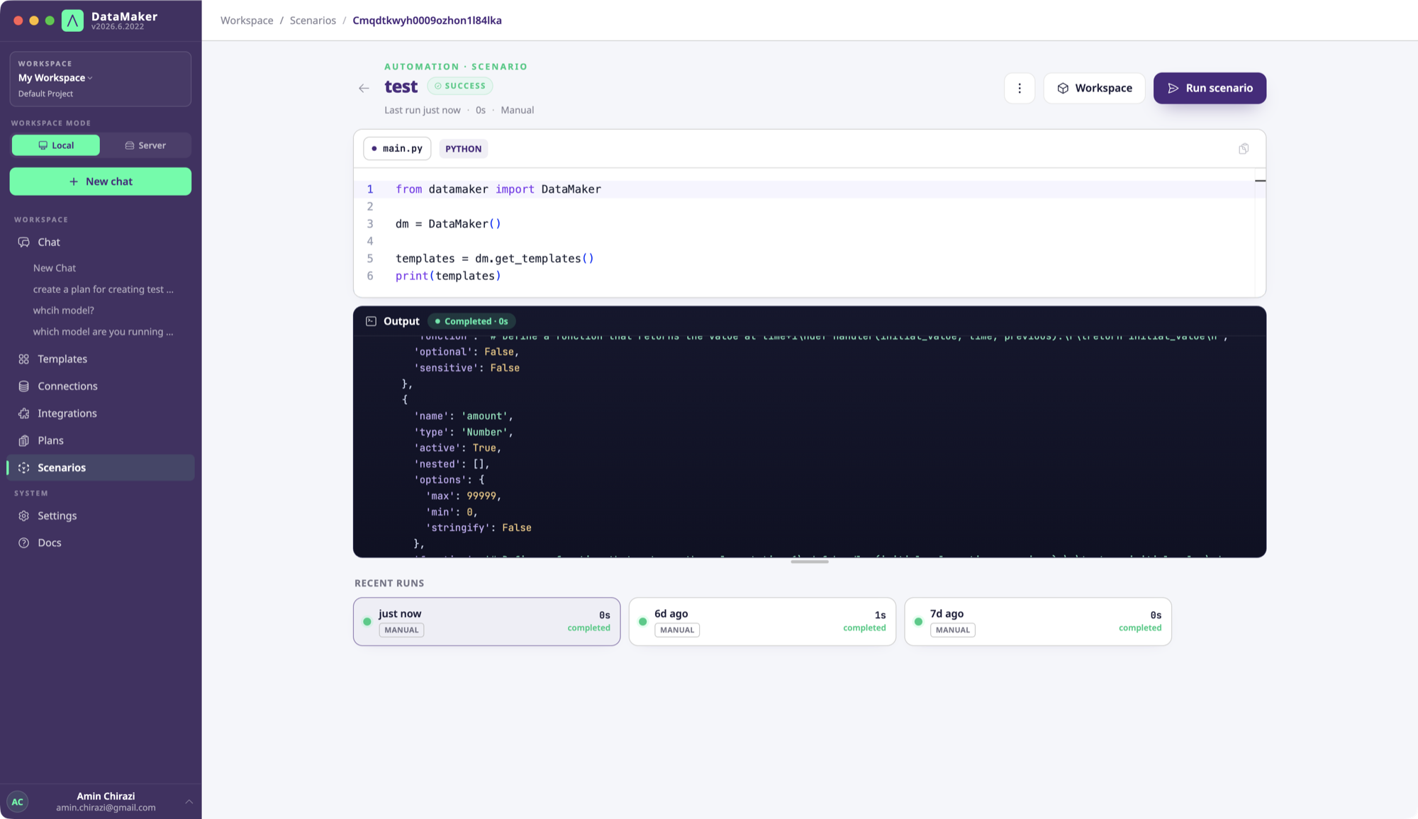 A scenario run with its live execution log streaming below the editor