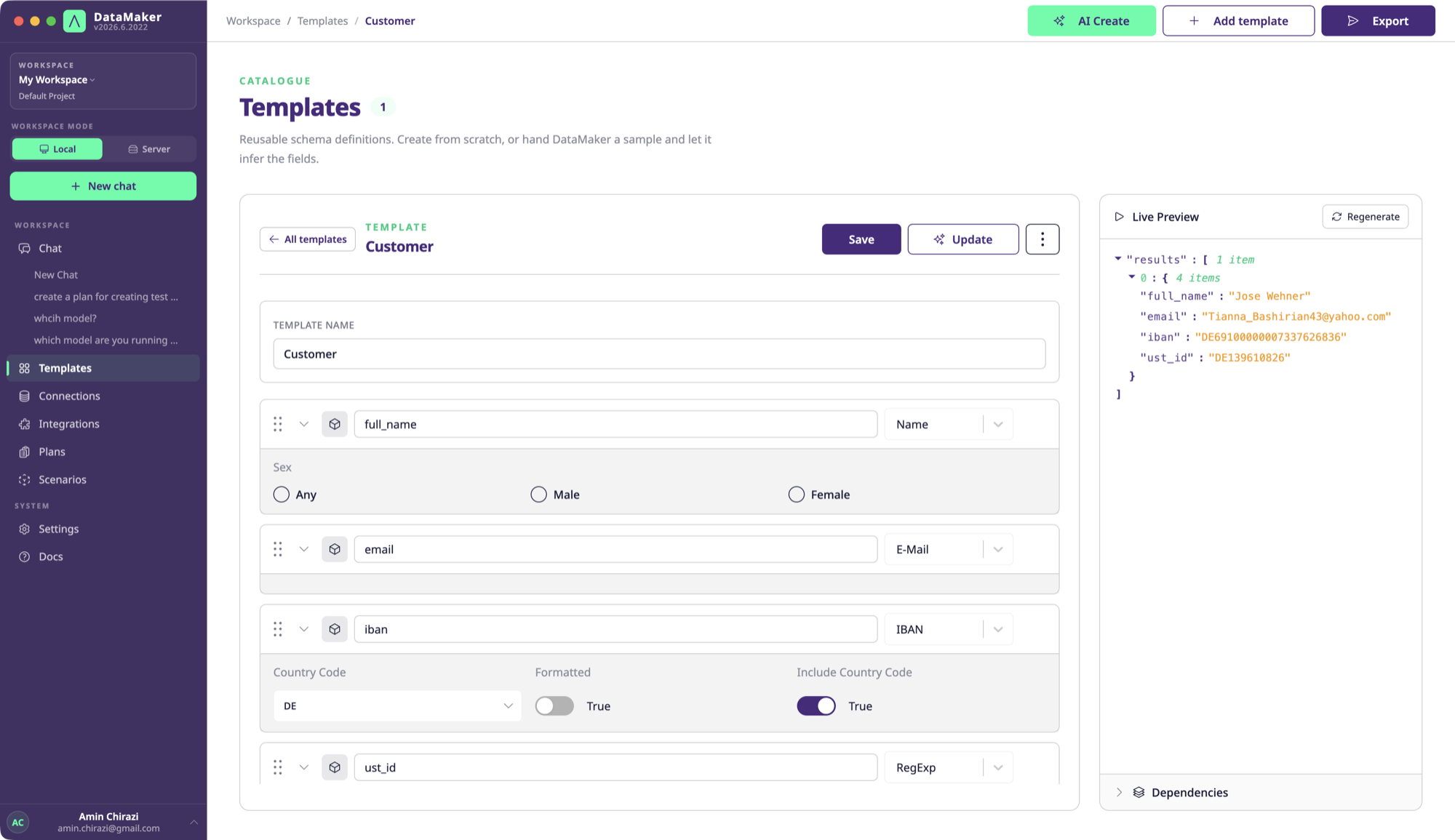 The template editor, where each field is a card row with a name and a type picker