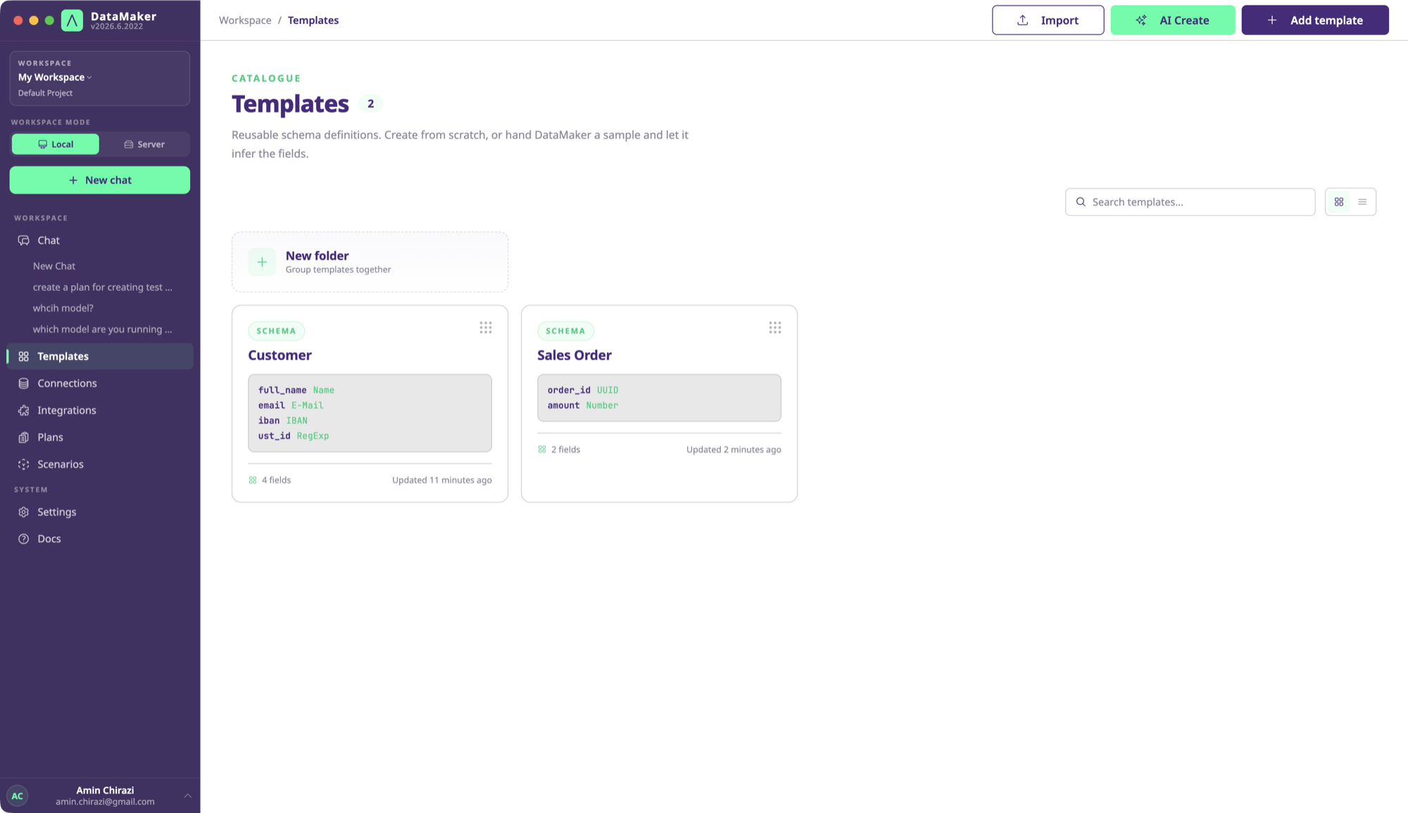 The Templates list, reusable schema definitions in a project